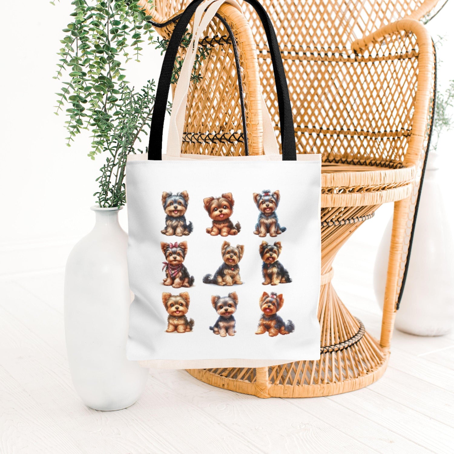 Yorkie Pups Canvas Tote Bag on a chair