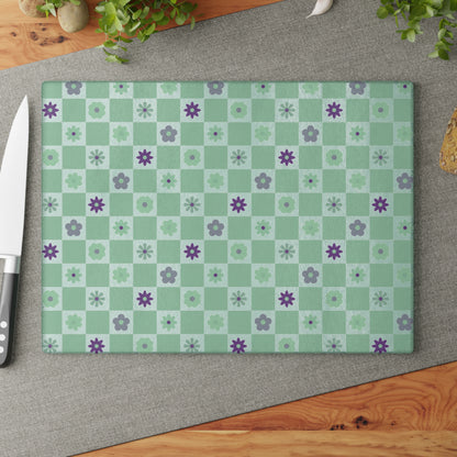 Minty Checkered and Purple Flowers Kitchen Glass Cutting Board, Retro Checkered Cutting Board, Cute Flowers Board