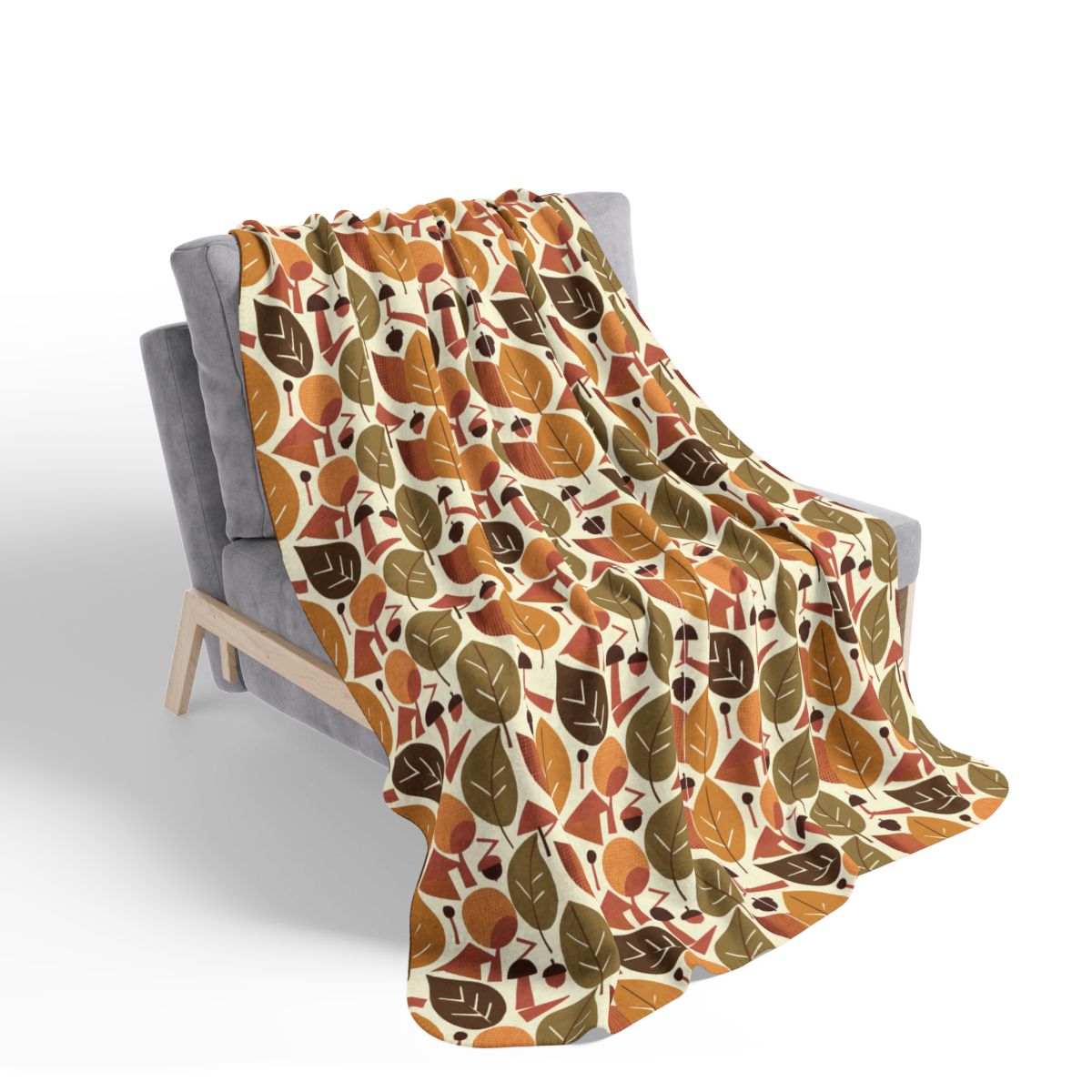 Mid Century Modern Autumn Leaves Sherpa Fleece Blanket on chair 50x60