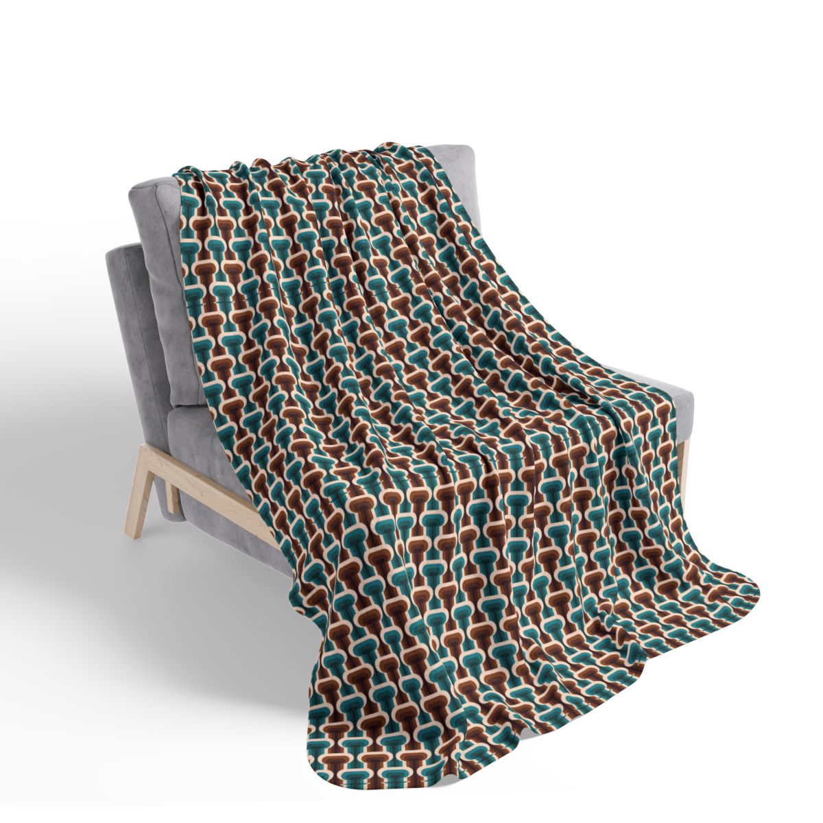 Geometric Teal and Brown Mid Century Modern Fleece Sherpa Blanket on chair 50x60