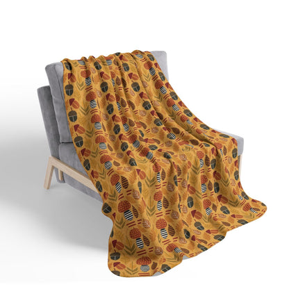 Mid Century Modern Autumn Leaves, Acorns and Mushrooms Sherpa Fleece Blanket on chair 60x80