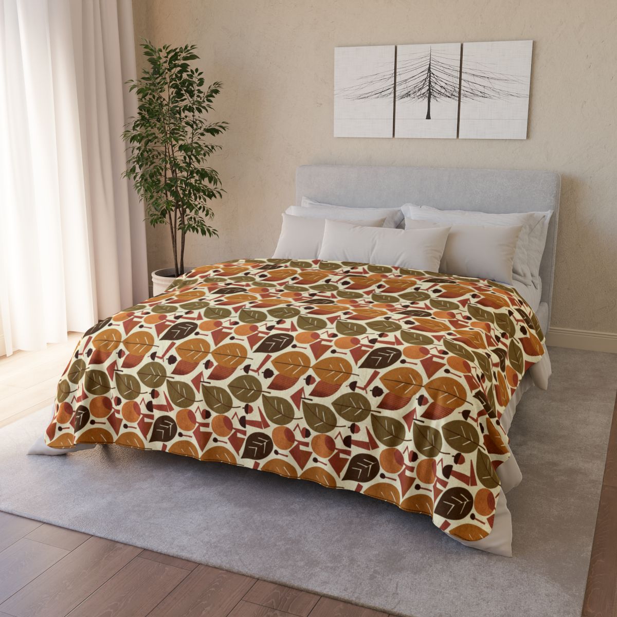 Mid Century Modern Autumn Leaves Sherpa Fleece Blanket on bed 60x80