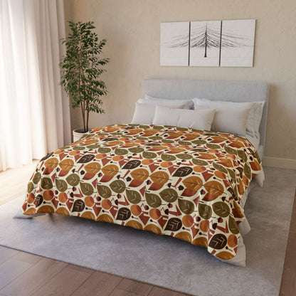 Mid Century Modern Autumn Leaves Sherpa Fleece Blanket on bed 60x80