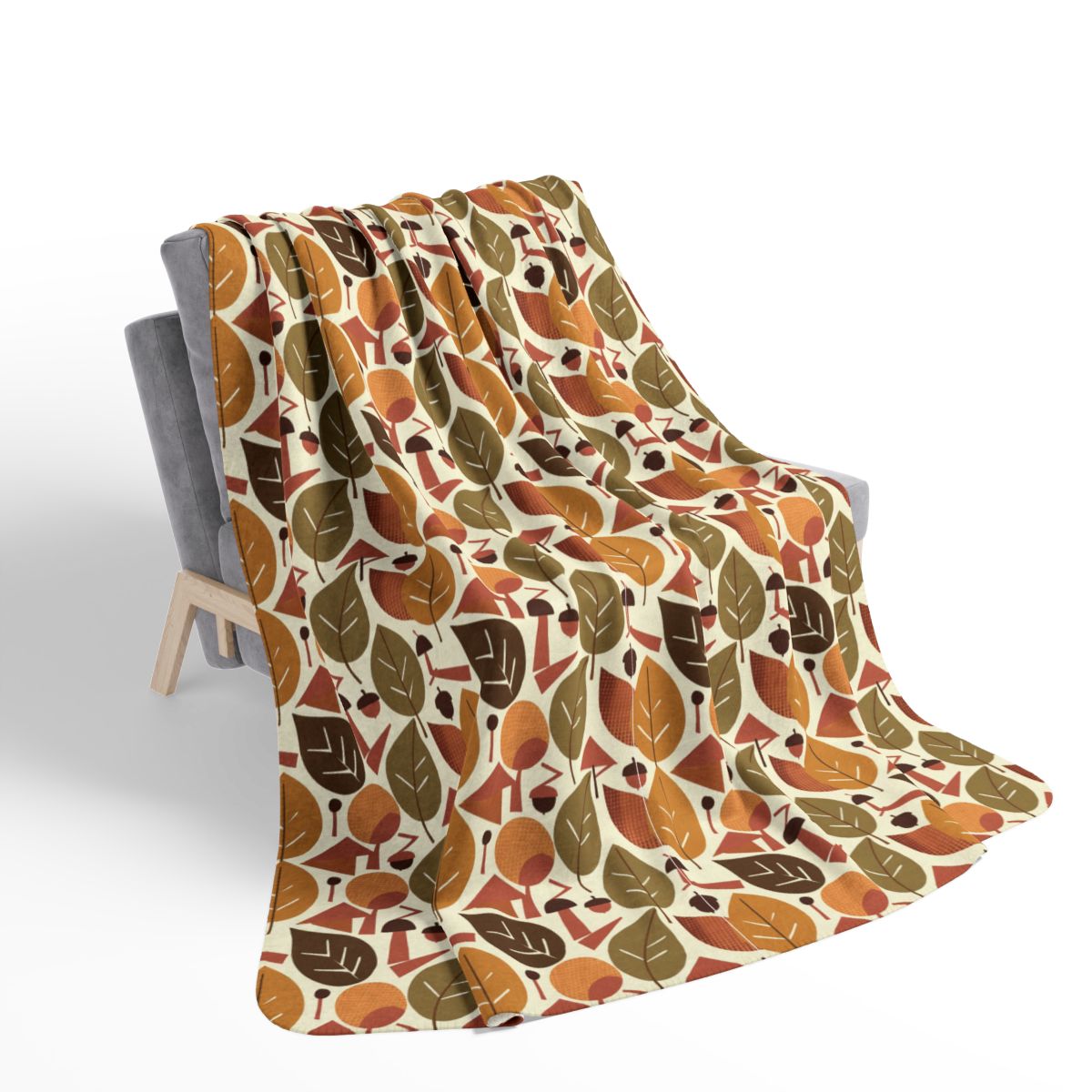 Mid Century Modern Autumn Leaves Sherpa Fleece Blanket on chair 60x80