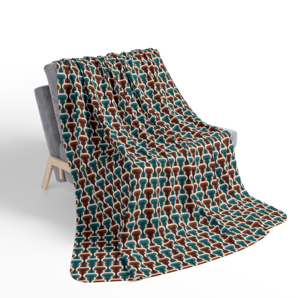 Geometric Teal and Brown Mid Century Modern Fleece Sherpa Blanket on chair 60x80