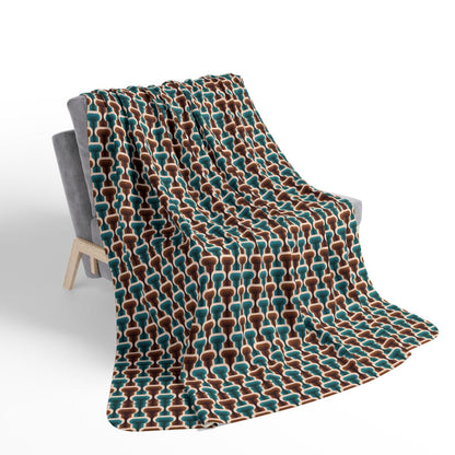 Geometric Teal and Brown Mid Century Modern Fleece Sherpa Blanket on chair 60x80