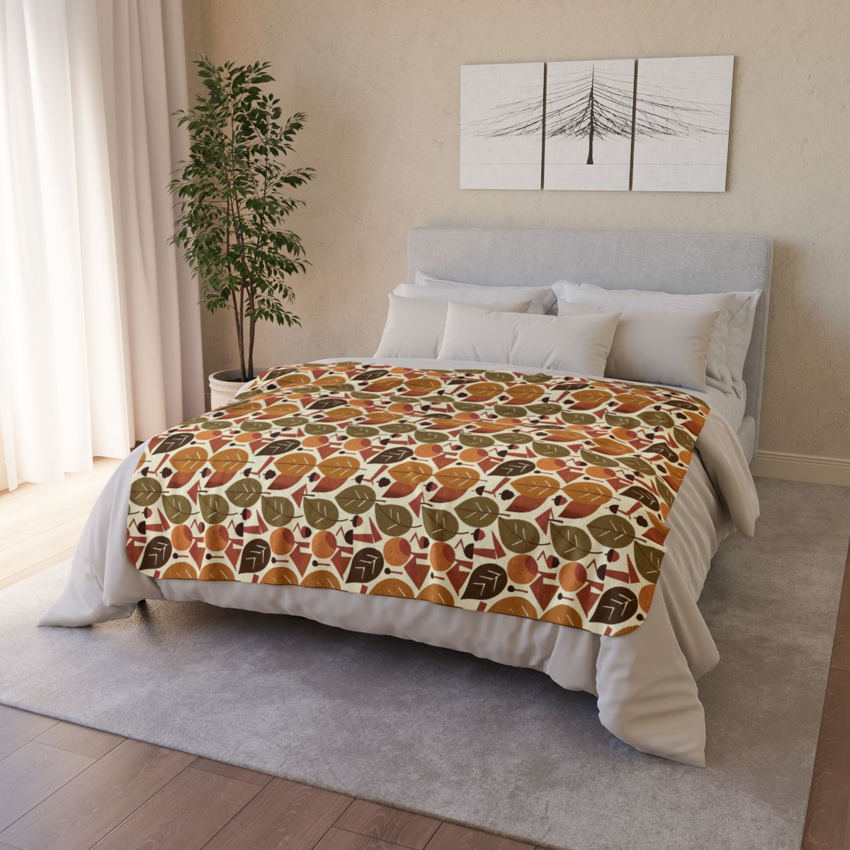 Mid Century Modern Autumn Leaves Sherpa Fleece Blanket on bed 50x60