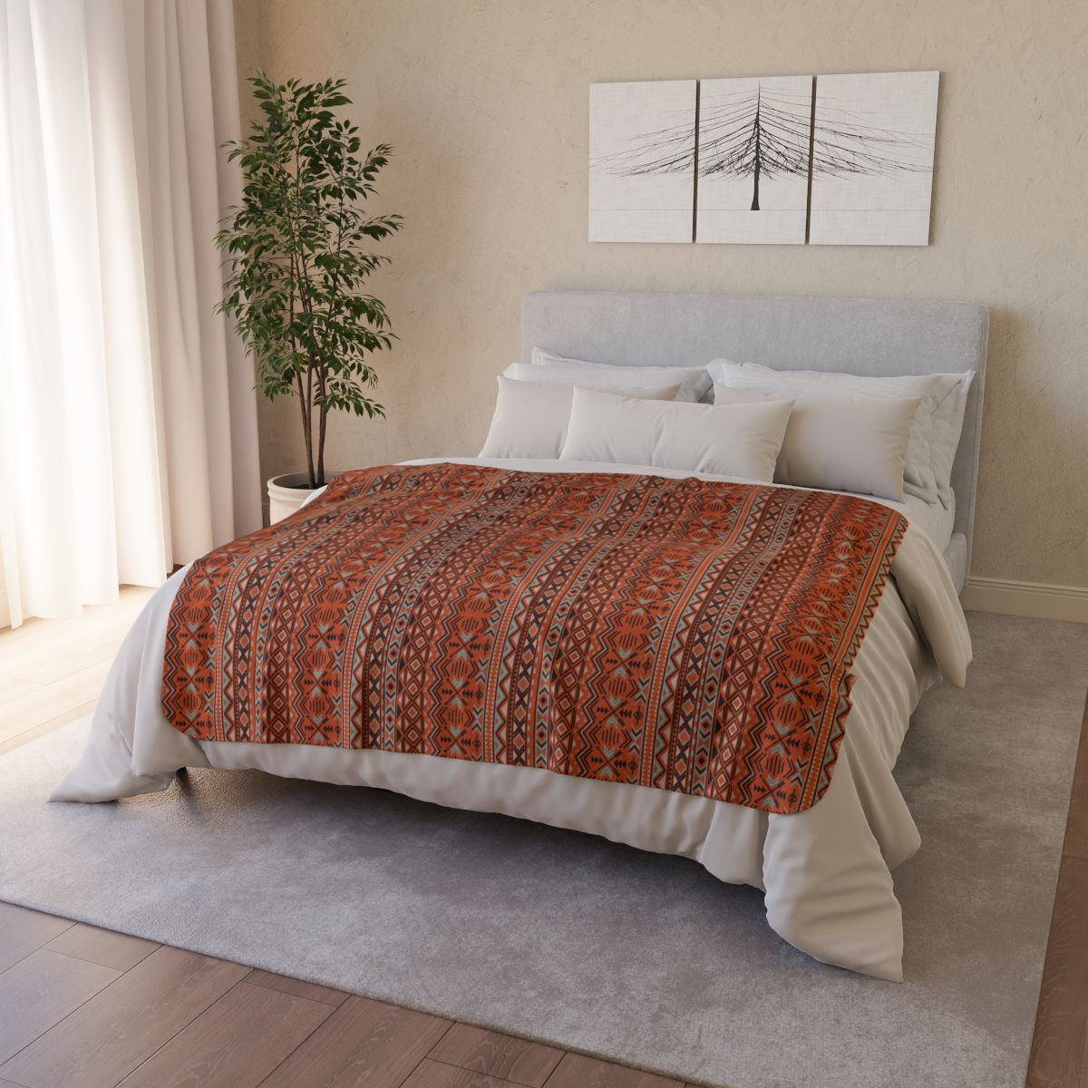 Southwest Native Sherpa Blanket on bed 50x60