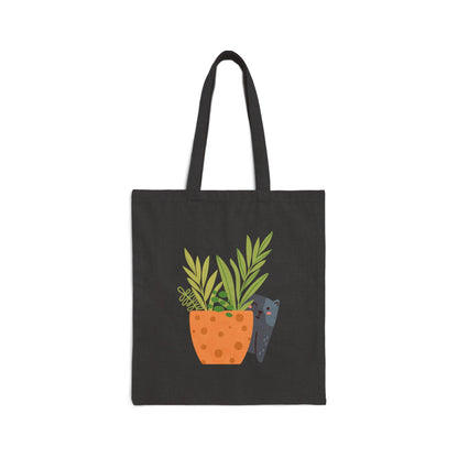 Plant Tote with Cat Peaking from Behind Cotton Canvas Tote Bag, Cute Plant with Cat Bag, Garden Lover, Cat Lover