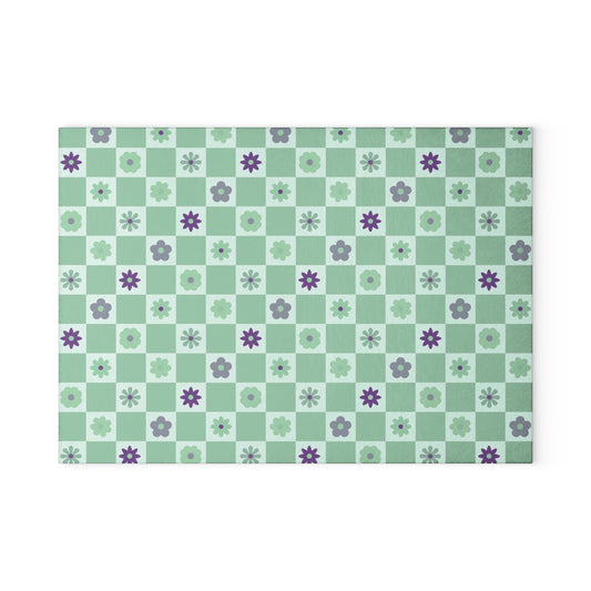 Minty Checkered and Purple Flowers Kitchen Glass Cutting Board, Retro Checkered Cutting Board, Cute Flowers Board