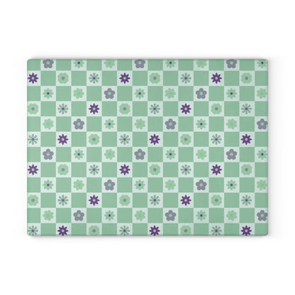 Minty Checkered and Purple Flowers Kitchen Retro Glass Cutting Board large board