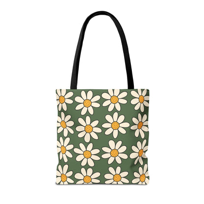 Daisies Green Tote Bag, Boho Daisies with All Over Print Tote, Plant Lady Bag, Gardener Accessory Bag