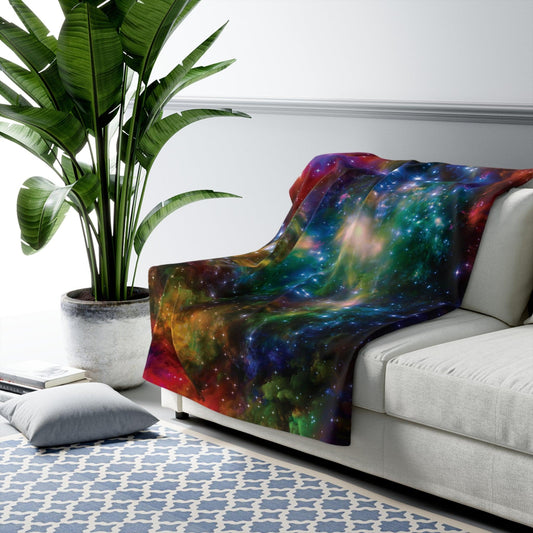 Outer Space Sherpa Fleece Blanket laying on couch