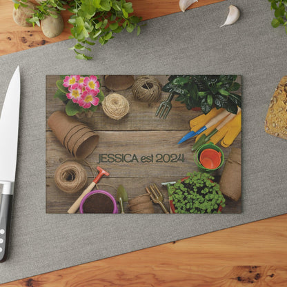 Personalized Garden Glass Cutting Board on table