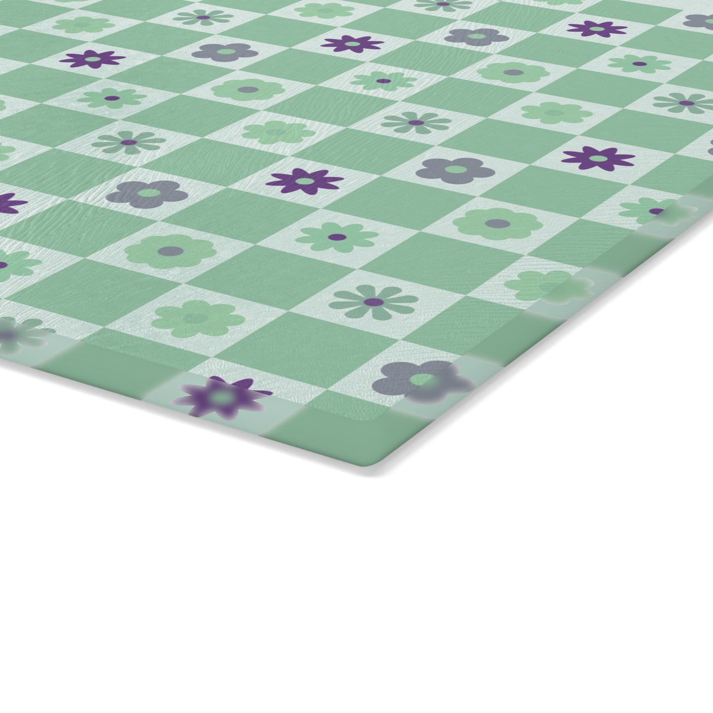 Minty Checkered and Purple Flowers Kitchen Retro Glass Cutting Board large board corner