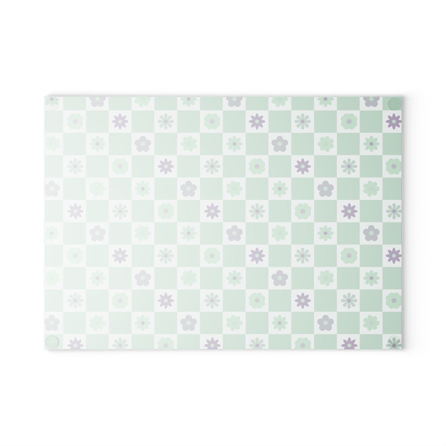 Minty Checkered and Purple Flowers Kitchen Glass Cutting Board, Retro Checkered Cutting Board, Cute Flowers Board