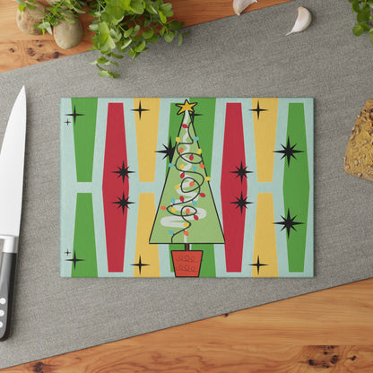 Mid Century Modern Christmas Tree Glass Cutting Board, Geometric Decor, Retro Christmas Tree Kitchen Cutting Board