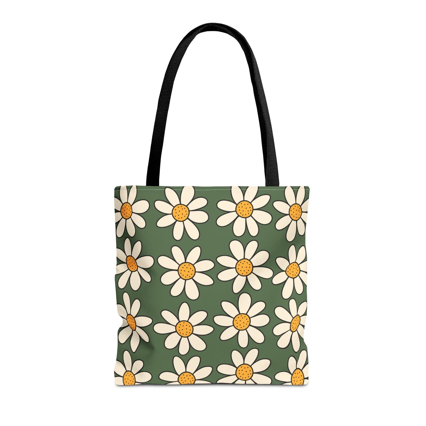 Daisies Green Tote Bag, Boho Daisies with All Over Print Tote, Plant Lady Bag, Gardener Accessory Bag