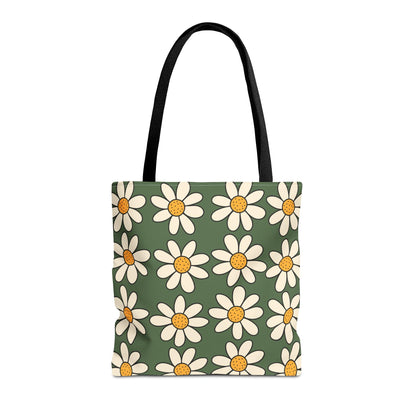 Daisies Green Tote Bag, Boho Daisies with All Over Print Tote, Plant Lady Bag, Gardener Accessory Bag