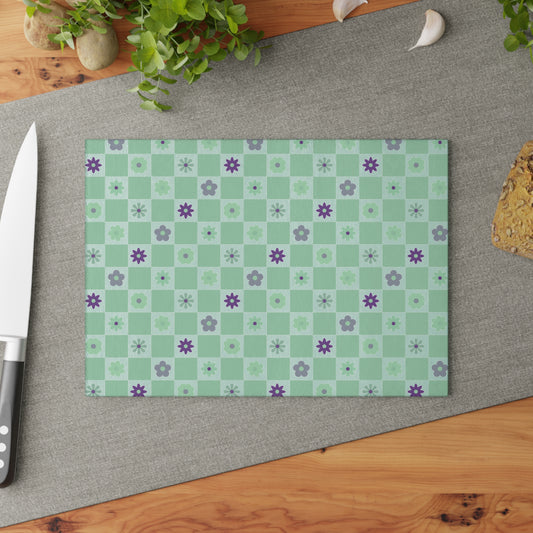 Minty Checkered and Purple Flowers Kitchen Retro Glass Cutting Board small board on table