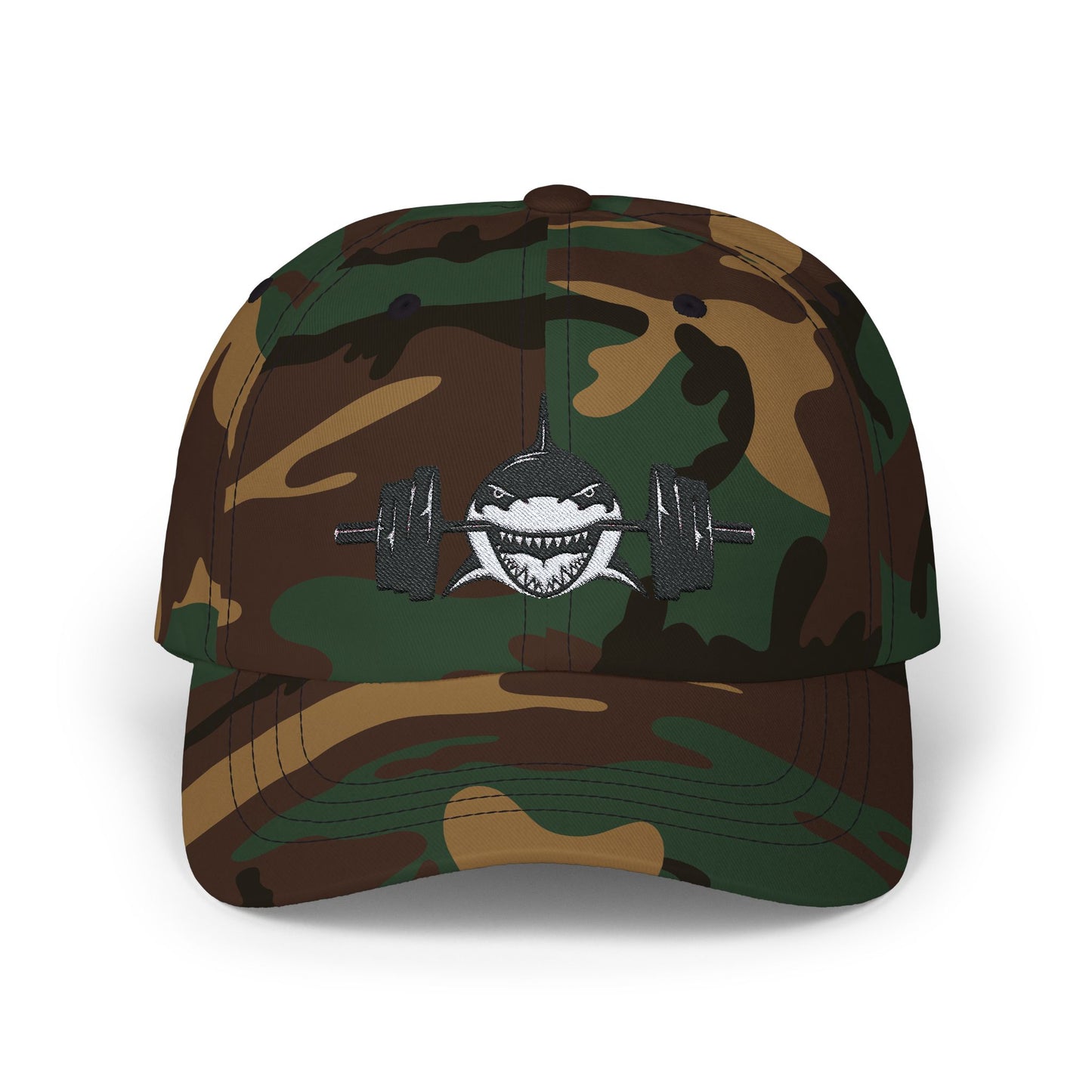 Shark with Barbell Weight Lifting Embroidered Hat