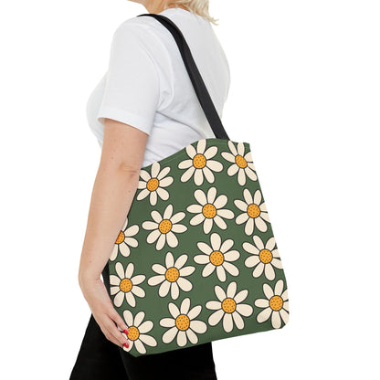 Daisies Green Tote Bag, Boho Daisies with All Over Print Tote, Plant Lady Bag, Gardener Accessory Bag