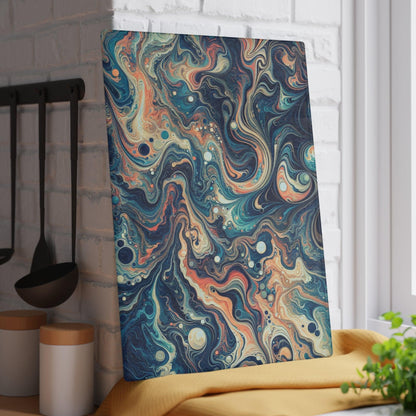 Marble Look Glass Cutting Board Earthly Greens Browns and Blues against wall vertically