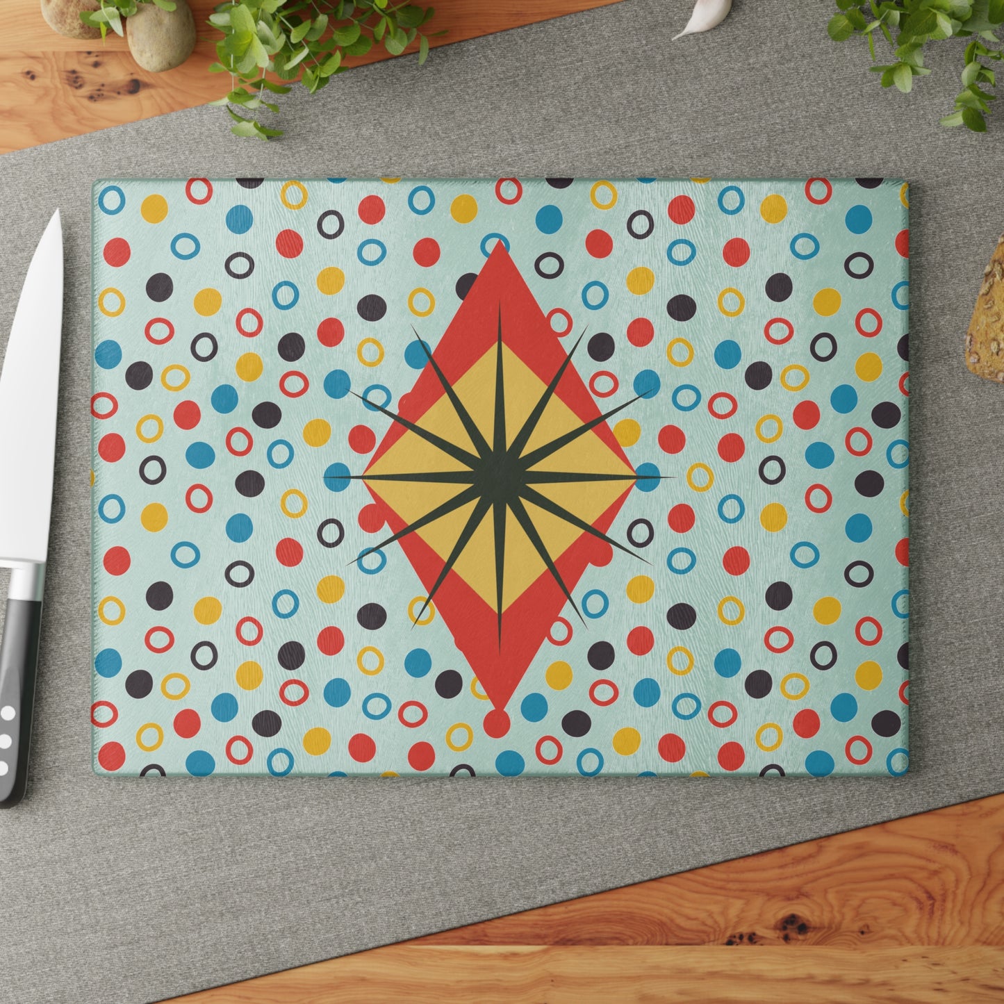 Retro Glass Cutting Board, Geometric Decor, Retro Kitchen Cutting Board