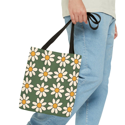 Daisies Green Tote Bag, Boho Daisies with All Over Print Tote, Plant Lady Bag, Gardener Accessory Bag