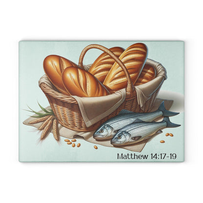 5 loaves and 2 fish glass cutting board on table large board