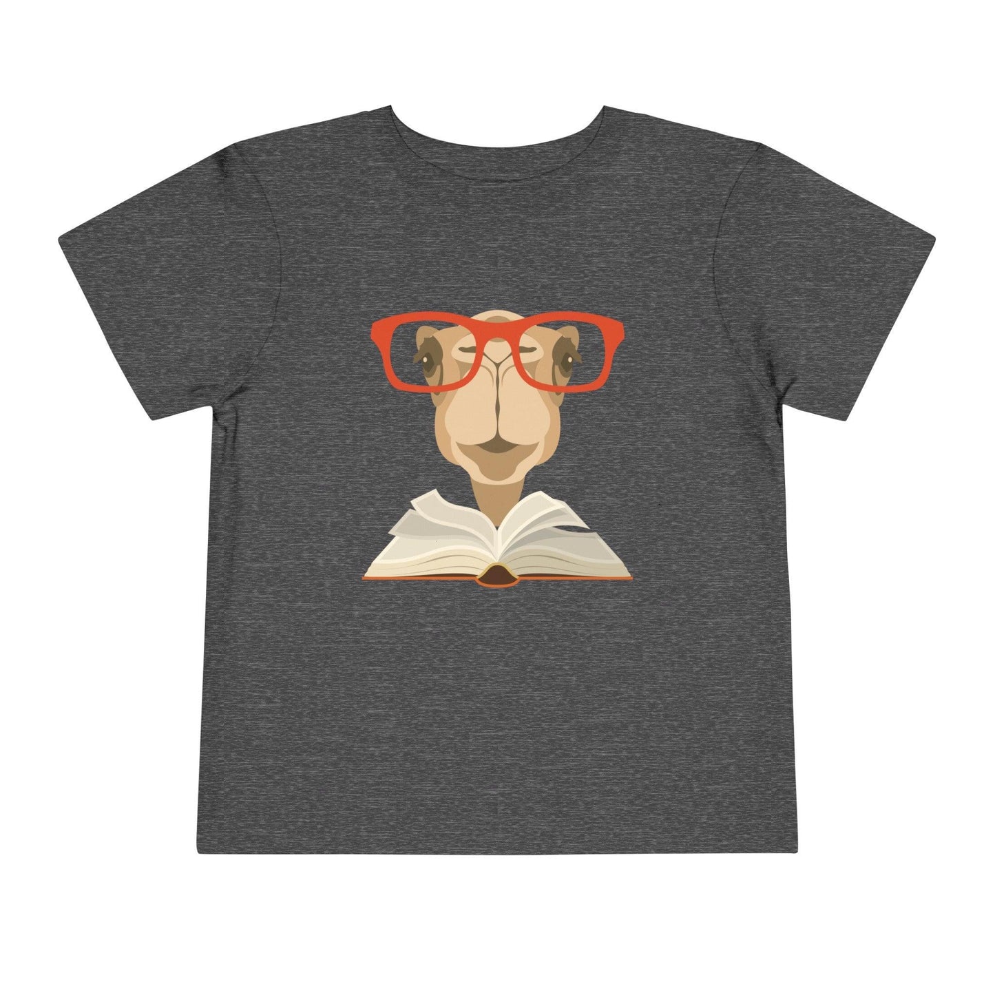 dark heather gray camel reading book toddler t shirt