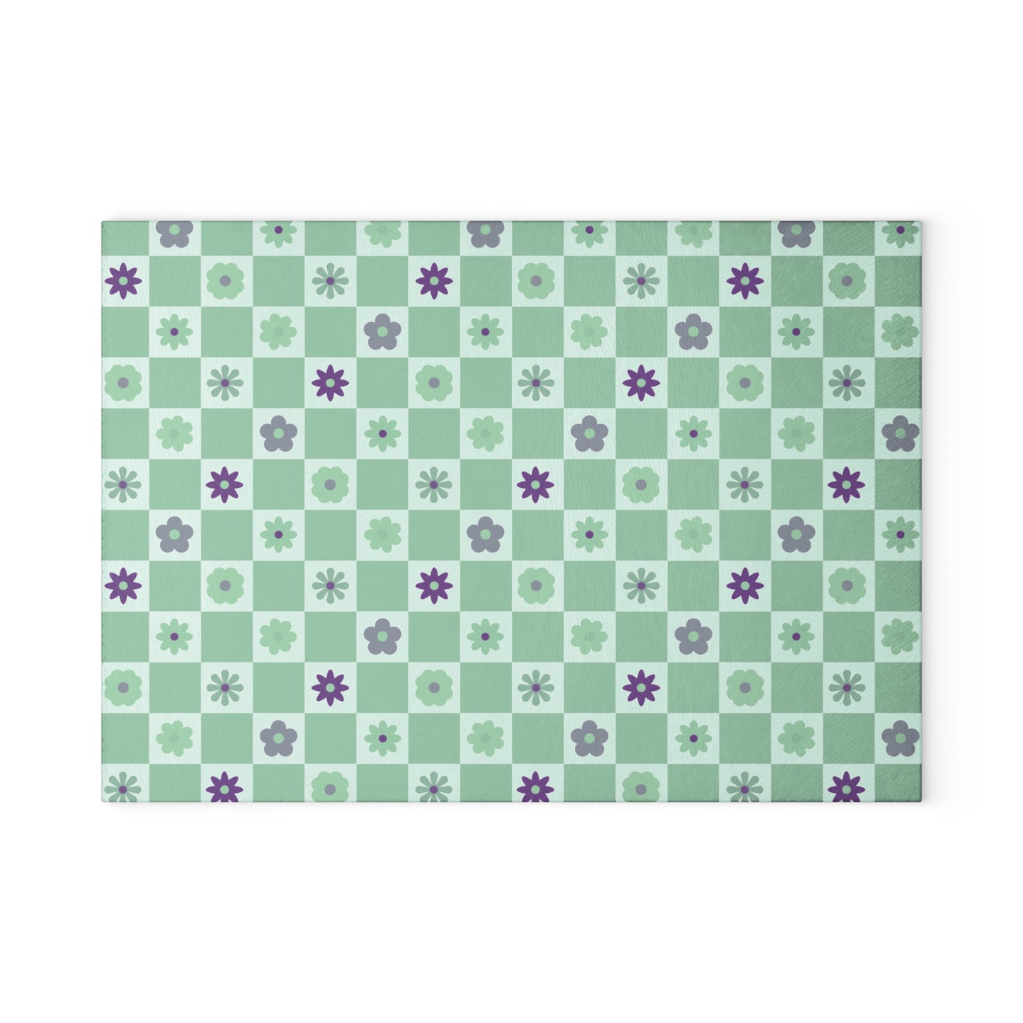 Minty Checkered and Purple Flowers Kitchen Retro Glass Cutting Board small board