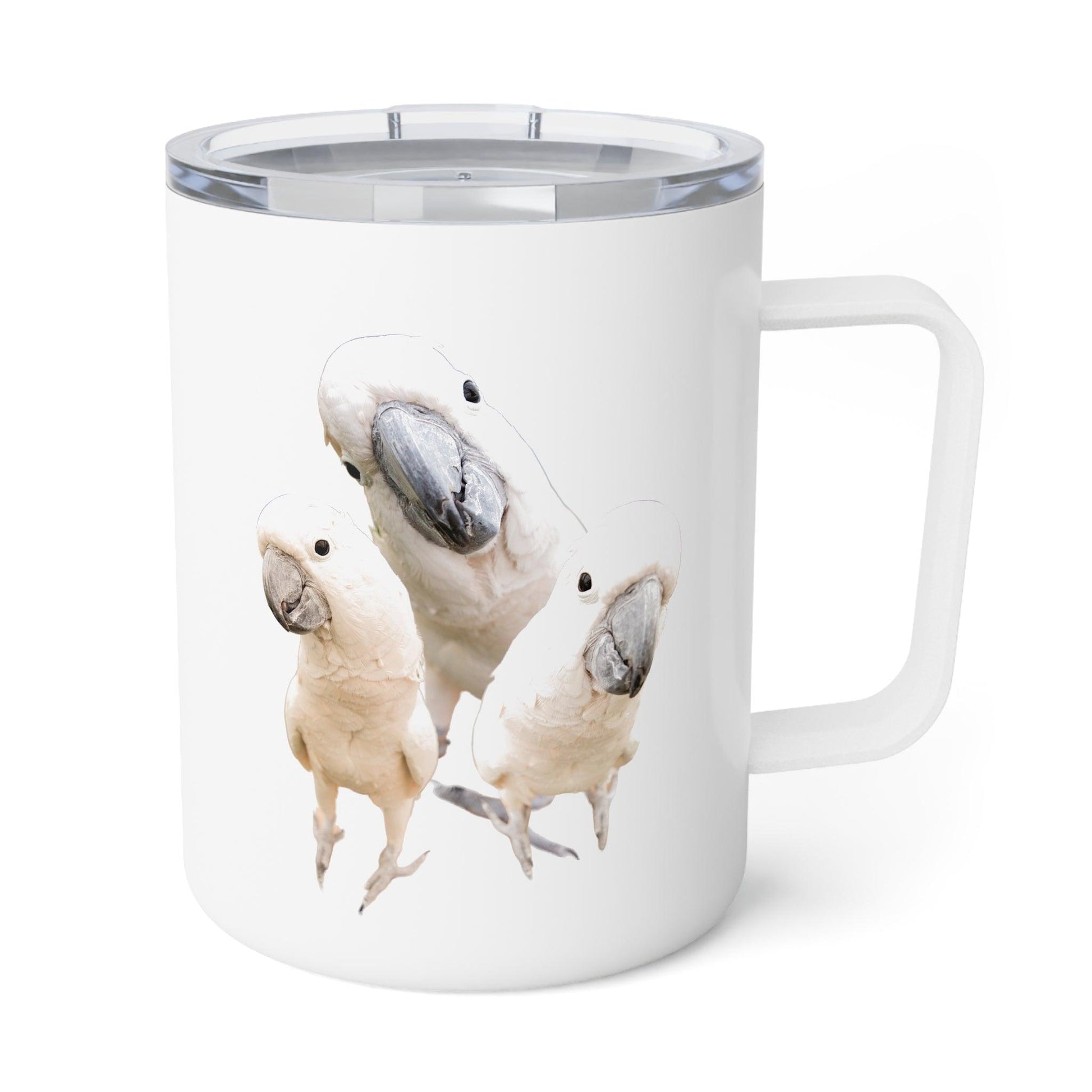 three cockatoos on a white insulated mug