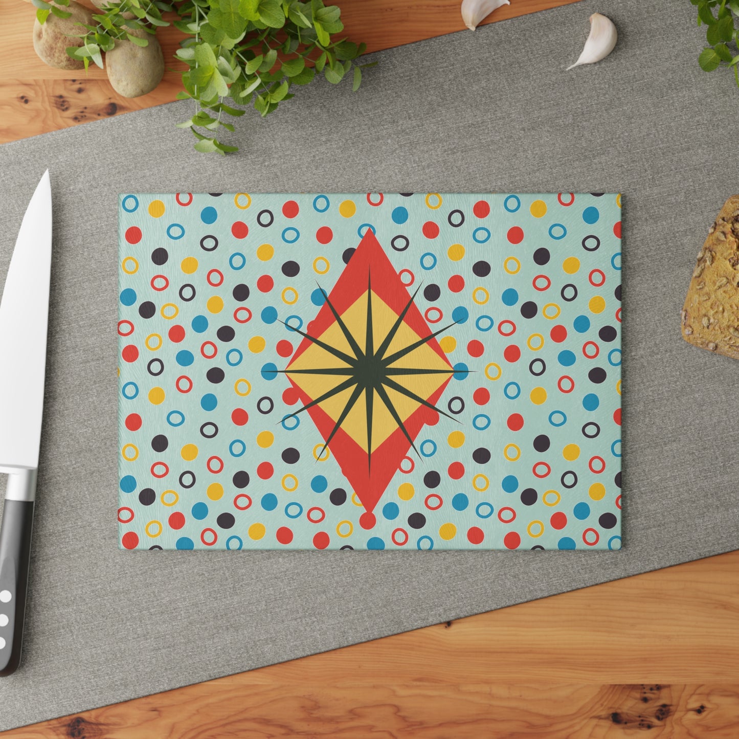 Retro Glass Cutting Board, Geometric Decor, Retro Kitchen Cutting Board