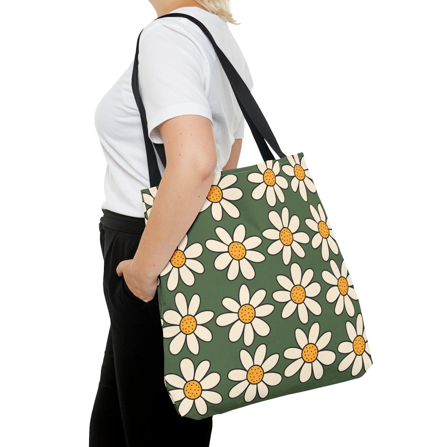 Daisies Green Tote Bag, Boho Daisies with All Over Print Tote, Plant Lady Bag, Gardener Accessory Bag