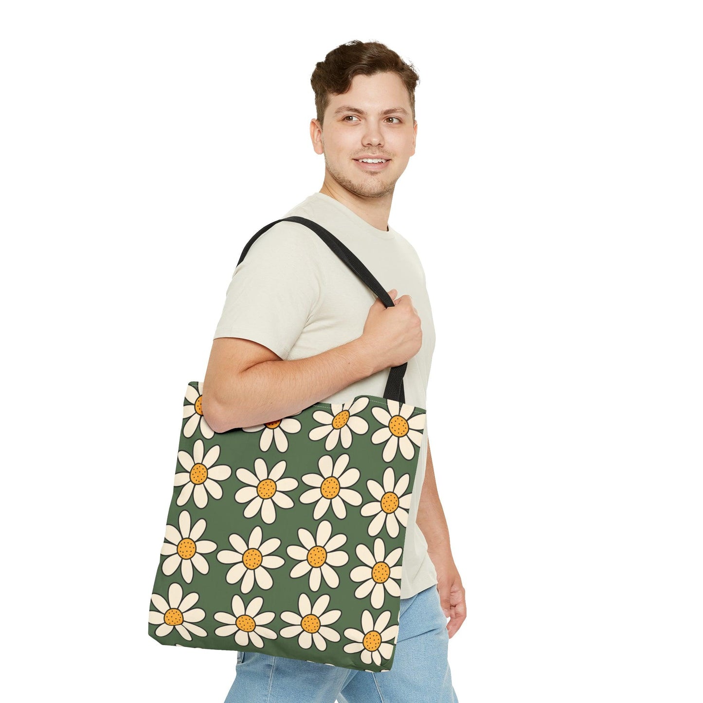 Daisies Green Tote Bag, Boho Daisies with All Over Print Tote, Plant Lady Bag, Gardener Accessory Bag