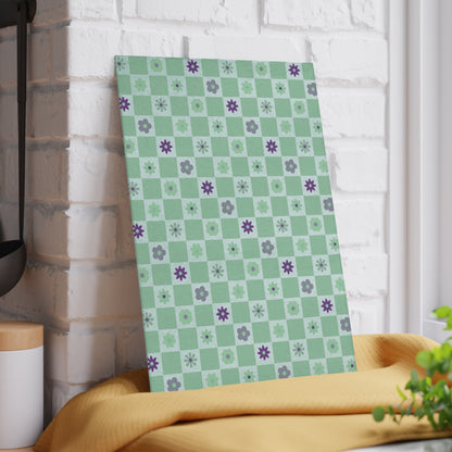 Minty Checkered and Purple Flowers Kitchen Retro Glass Cutting Board small board against wall