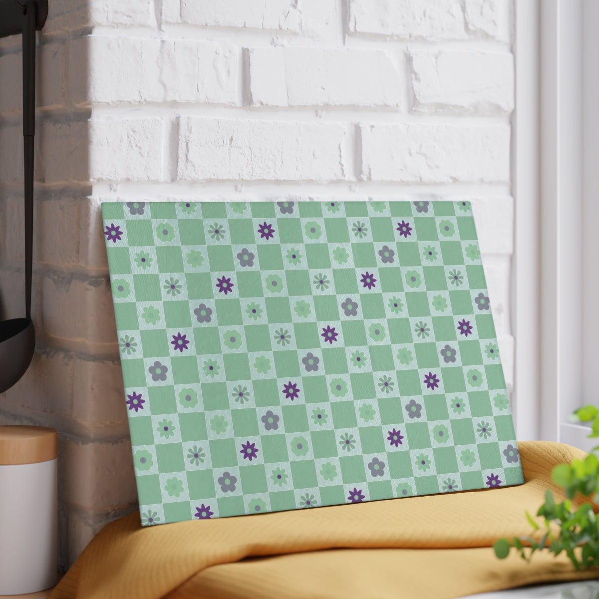 Minty Checkered and Purple Flowers Kitchen Retro Glass Cutting Board small board against wall horizontal