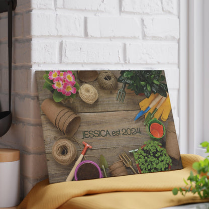 Personalized Garden Glass Cutting Board against wall