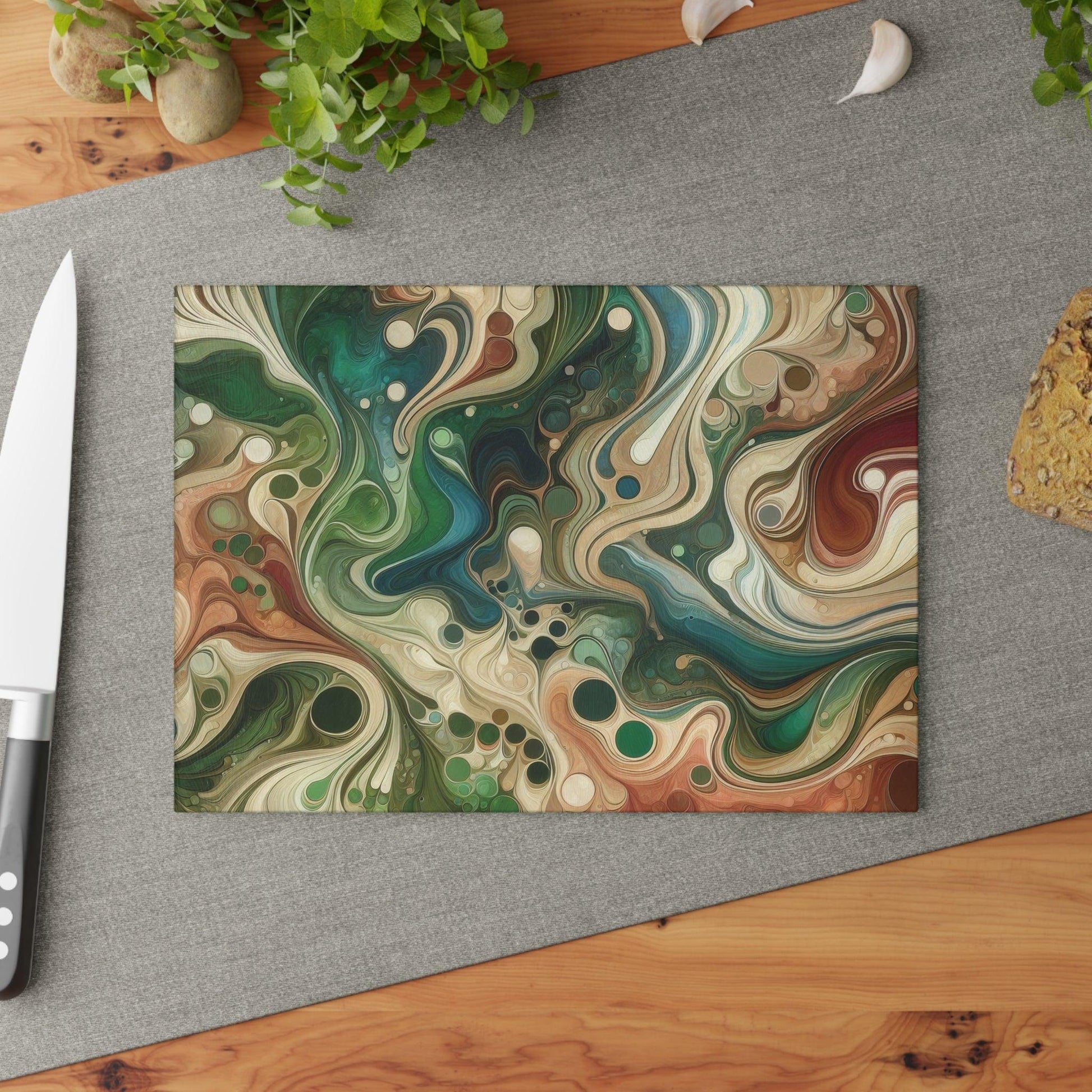 Deco Art Blues Greens Browns Marble Look Glass Cutting Board on table