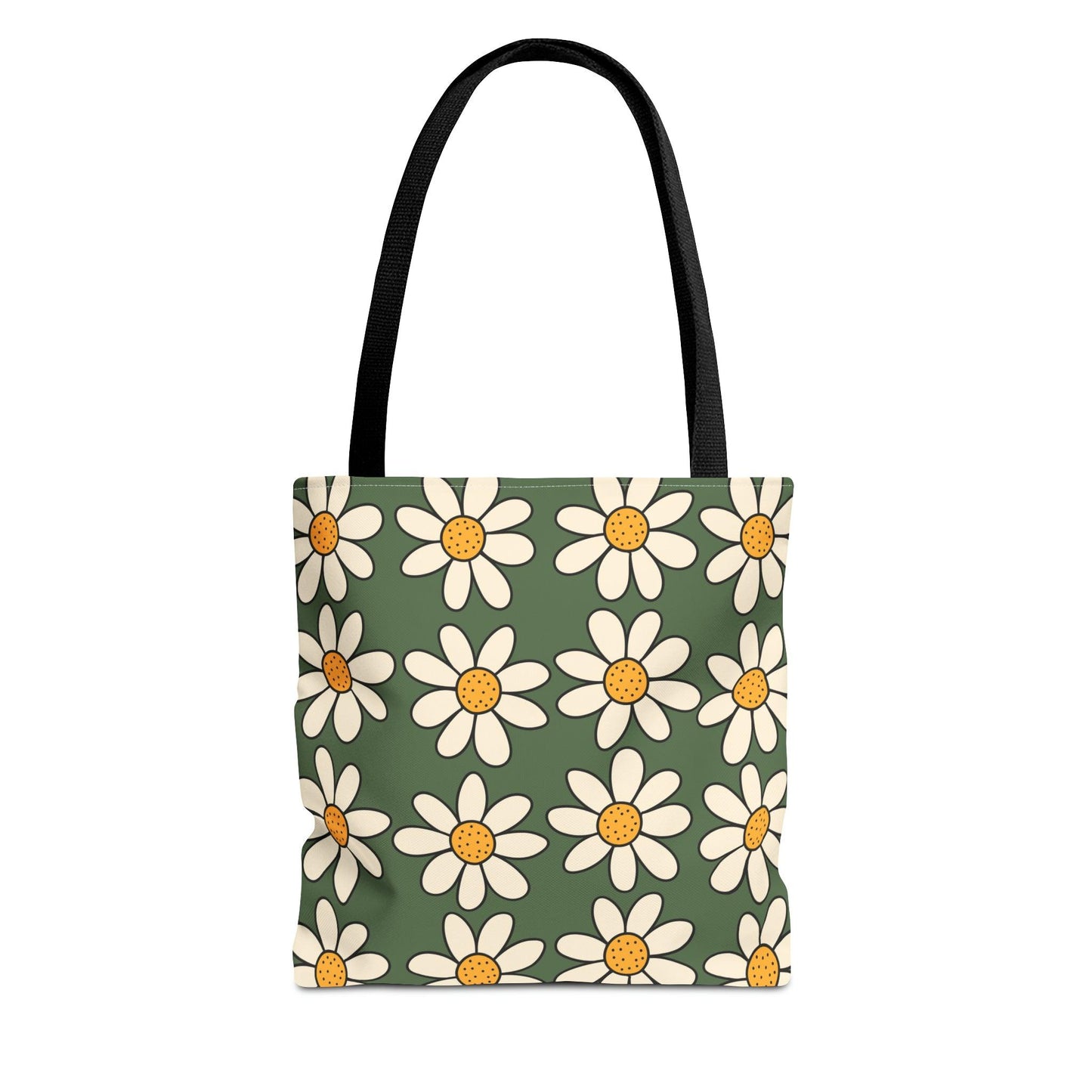 Daisies Green Tote Bag, Boho Daisies with All Over Print Tote, Plant Lady Bag, Gardener Accessory Bag