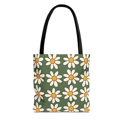 Daisies Green Tote Bag, Boho Daisies with All Over Print Tote, Plant Lady Bag, Gardener Accessory Bag