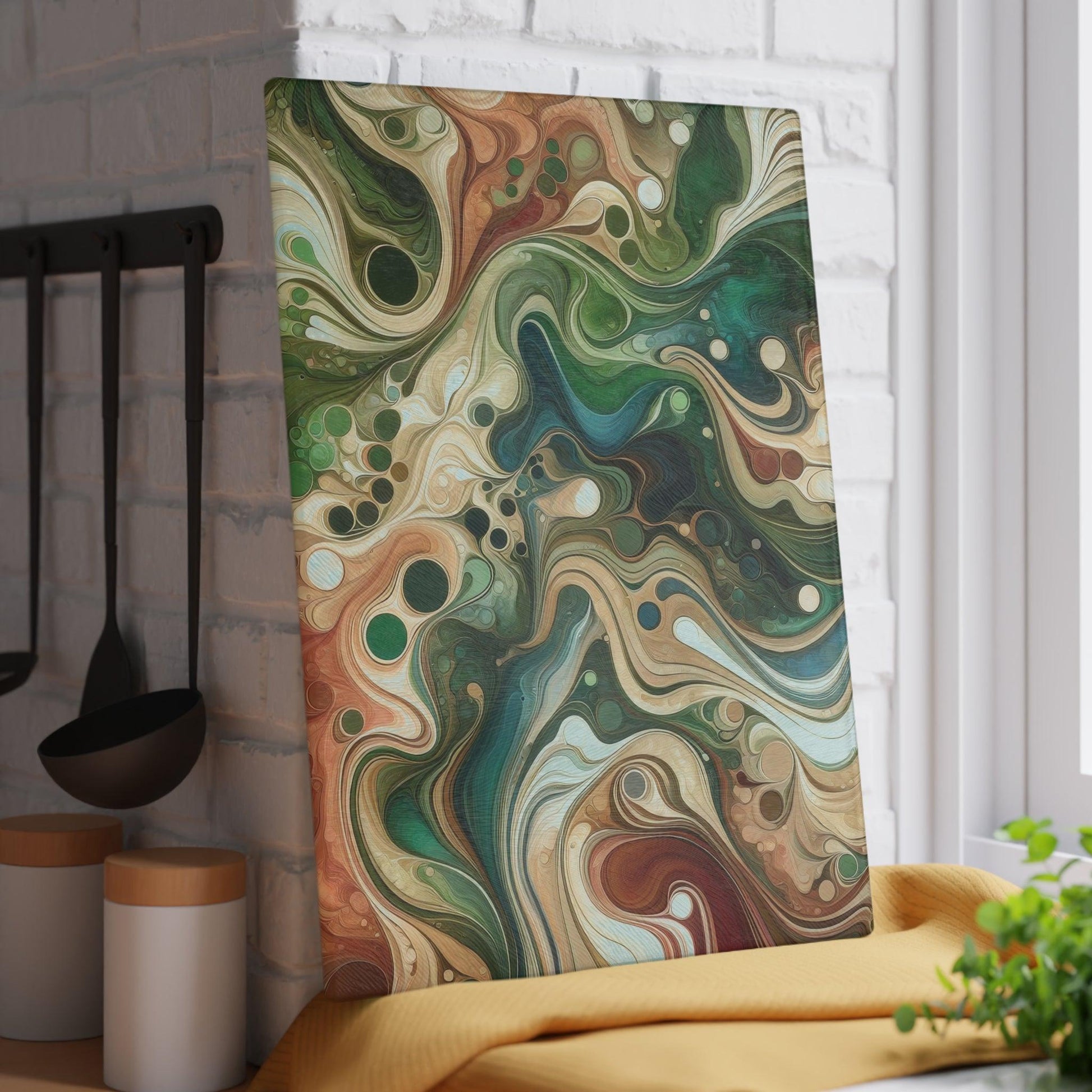 Deco Art Blues Greens Browns Marble Look Glass Cutting Board against wall vertical