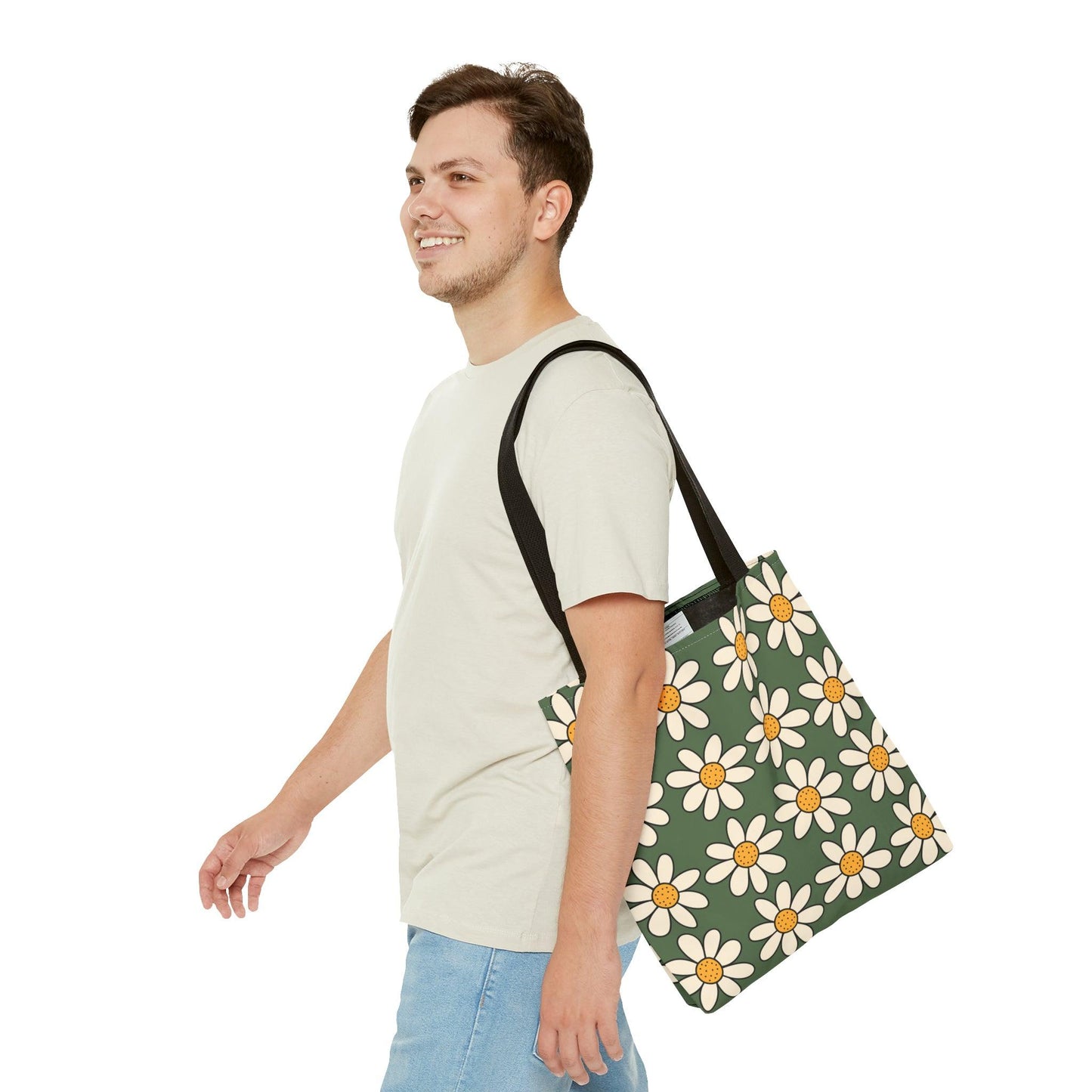 Daisies Green Tote Bag, Boho Daisies with All Over Print Tote, Plant Lady Bag, Gardener Accessory Bag