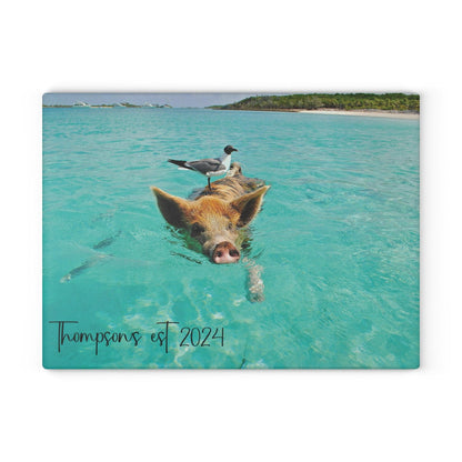 Pig and Bird Swimming in the Ocean Glass Cutting Board large