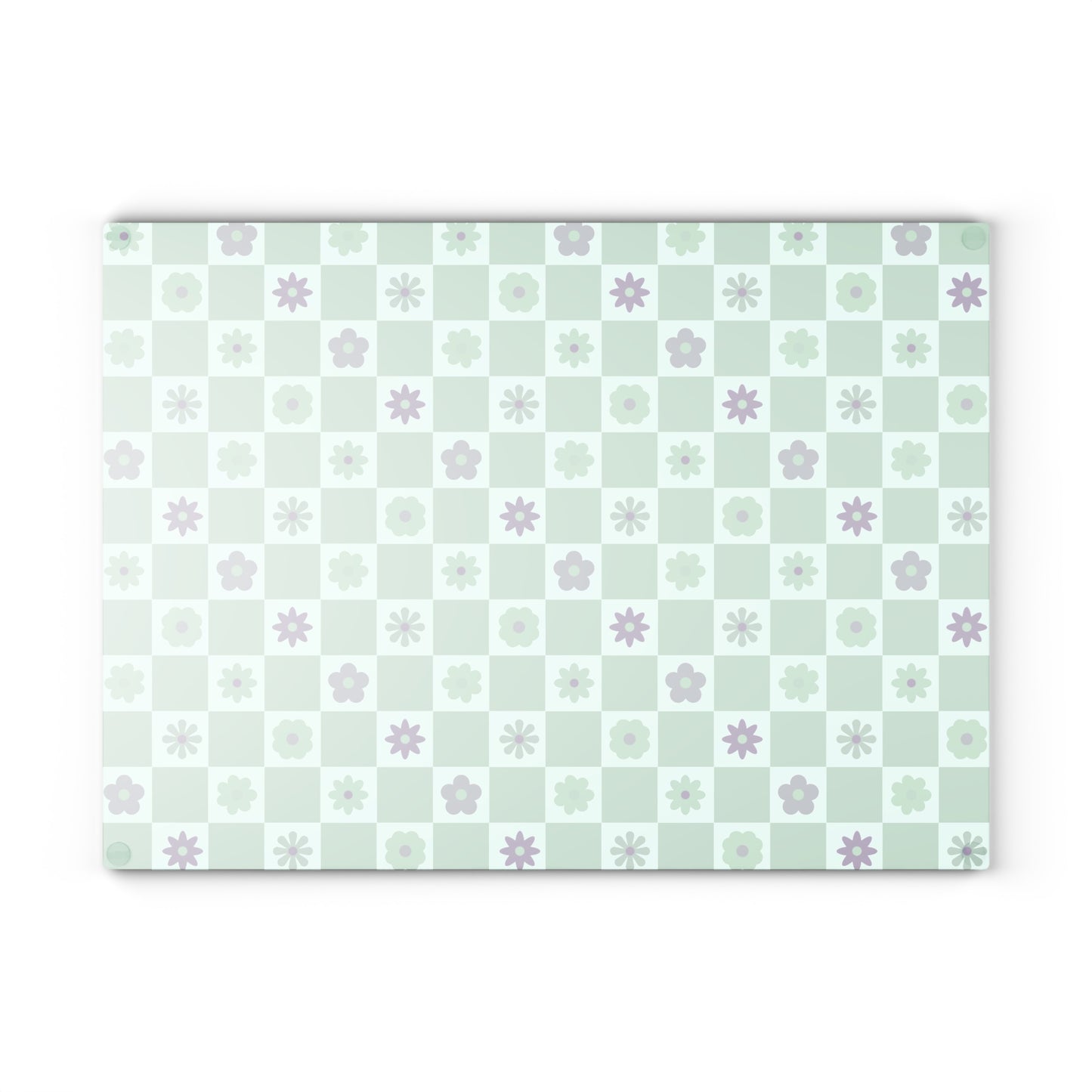 Minty Checkered and Purple Flowers Kitchen Glass Cutting Board, Retro Checkered Cutting Board, Cute Flowers Board