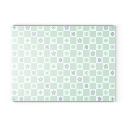 Minty Checkered and Purple Flowers Kitchen Glass Cutting Board, Retro Checkered Cutting Board, Cute Flowers Board