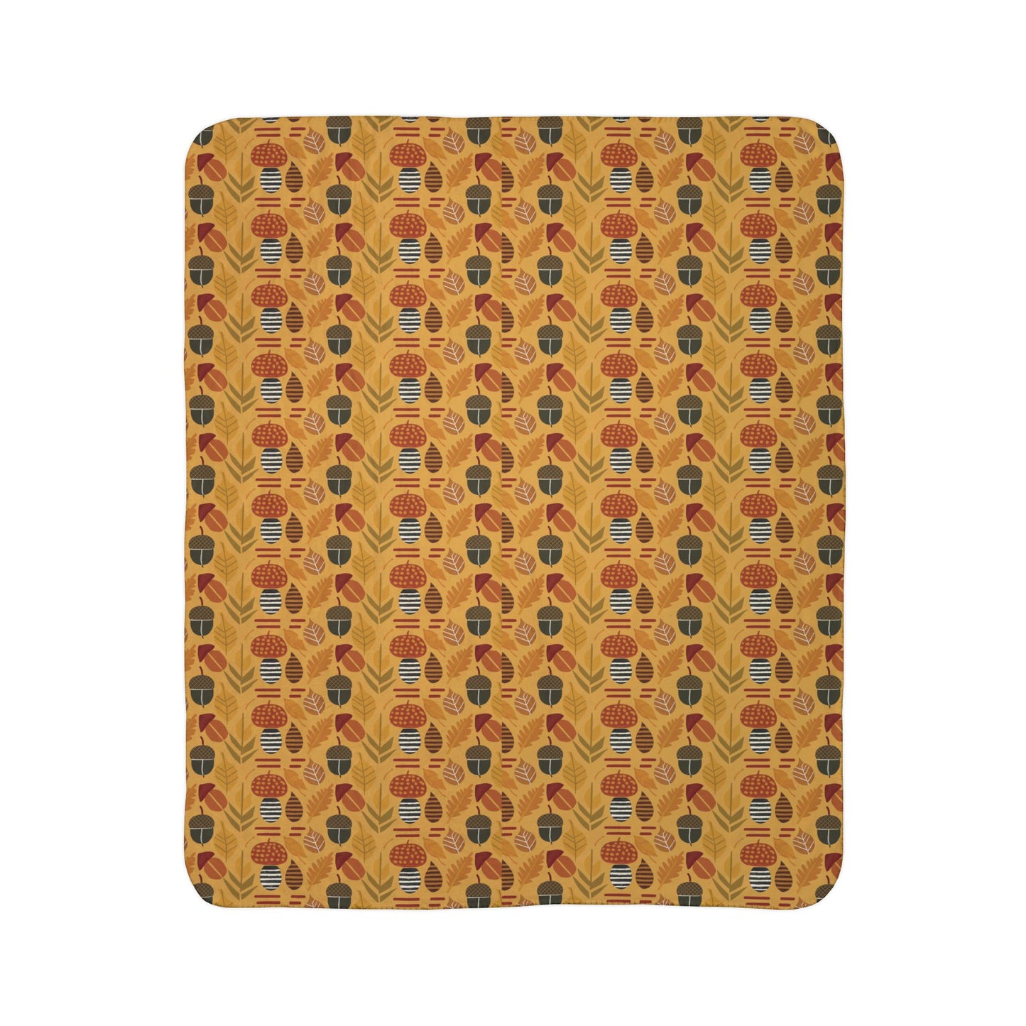 Mid Century Modern Autumn Leaves, Acorns and Mushrooms Sherpa Fleece Blanket 50x60