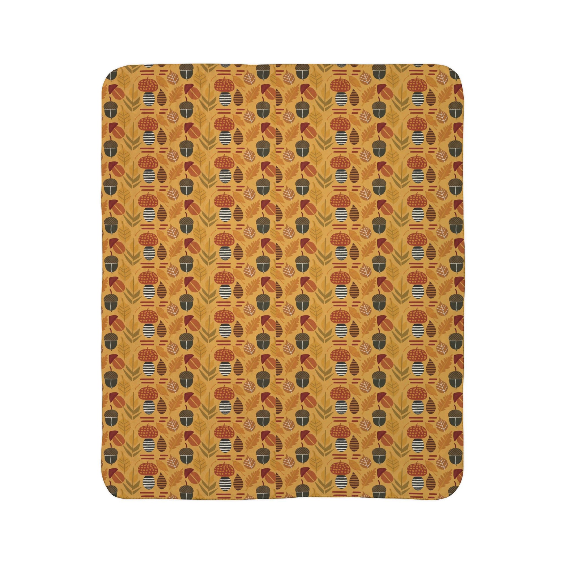 Mid Century Modern Autumn Leaves, Acorns and Mushrooms Sherpa Fleece Blanket 50x60