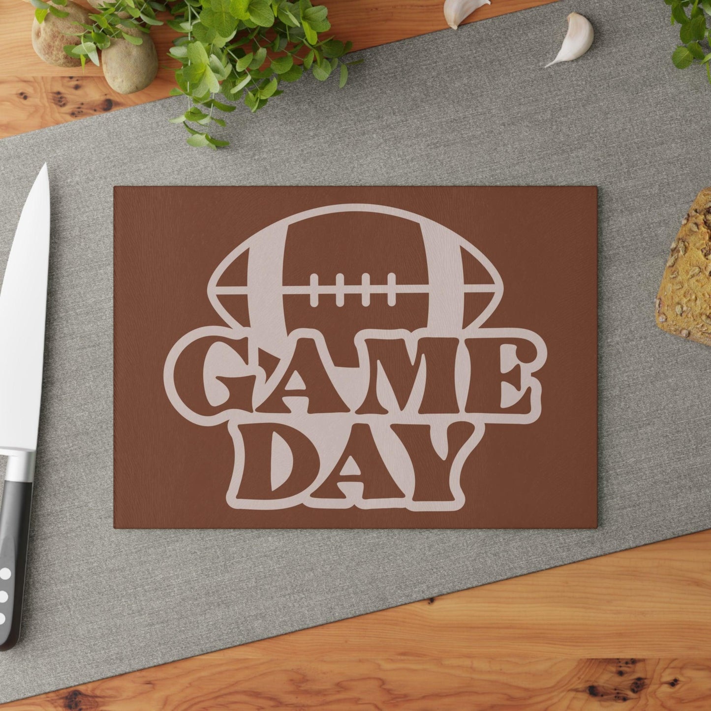 Game Day Football Glass Cutting Board light colored words